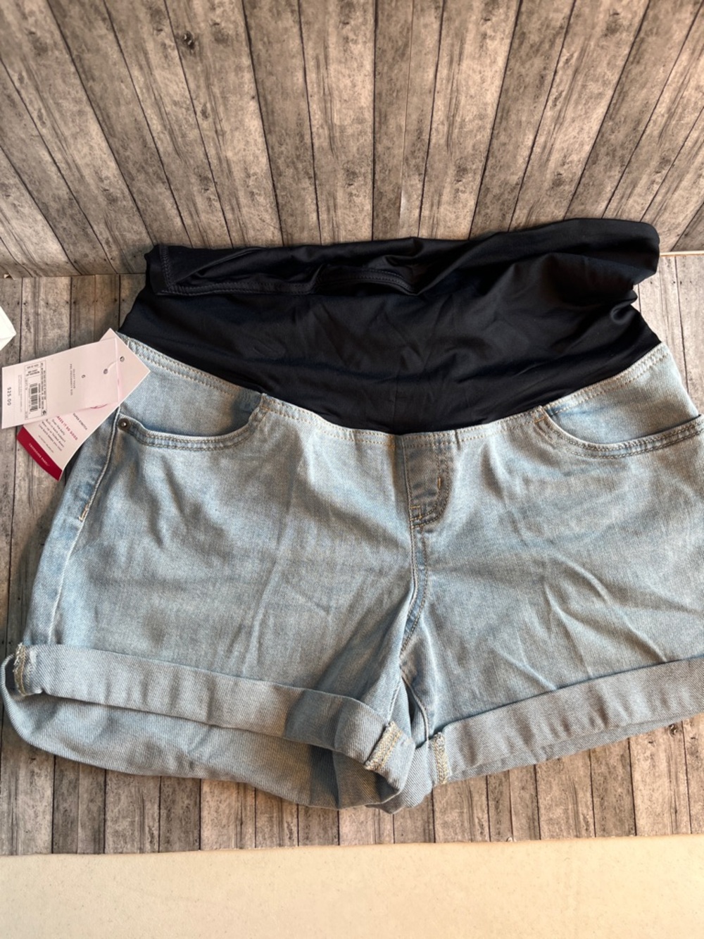 Maternity Light Wash Denim Shorts with Black Stretch Panel